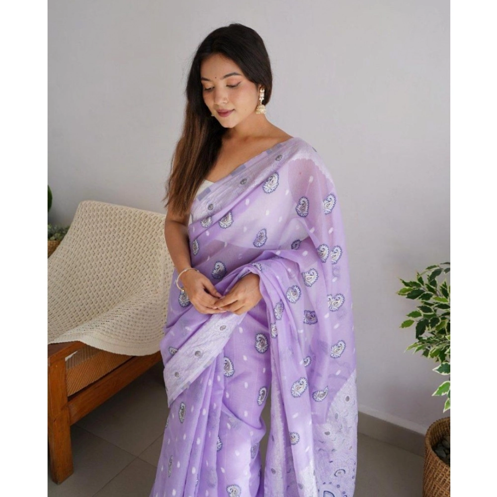 Generic Women's Cotton Printed Saree With Unstitched Blouse 5.5Mtr (Lavender) - Image 3