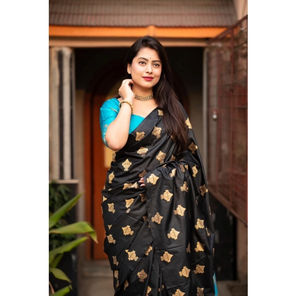 Generic Women's Silk Printed Saree With Unstitched Blouse 5.5Mtr (Sky Blue) - Image 2