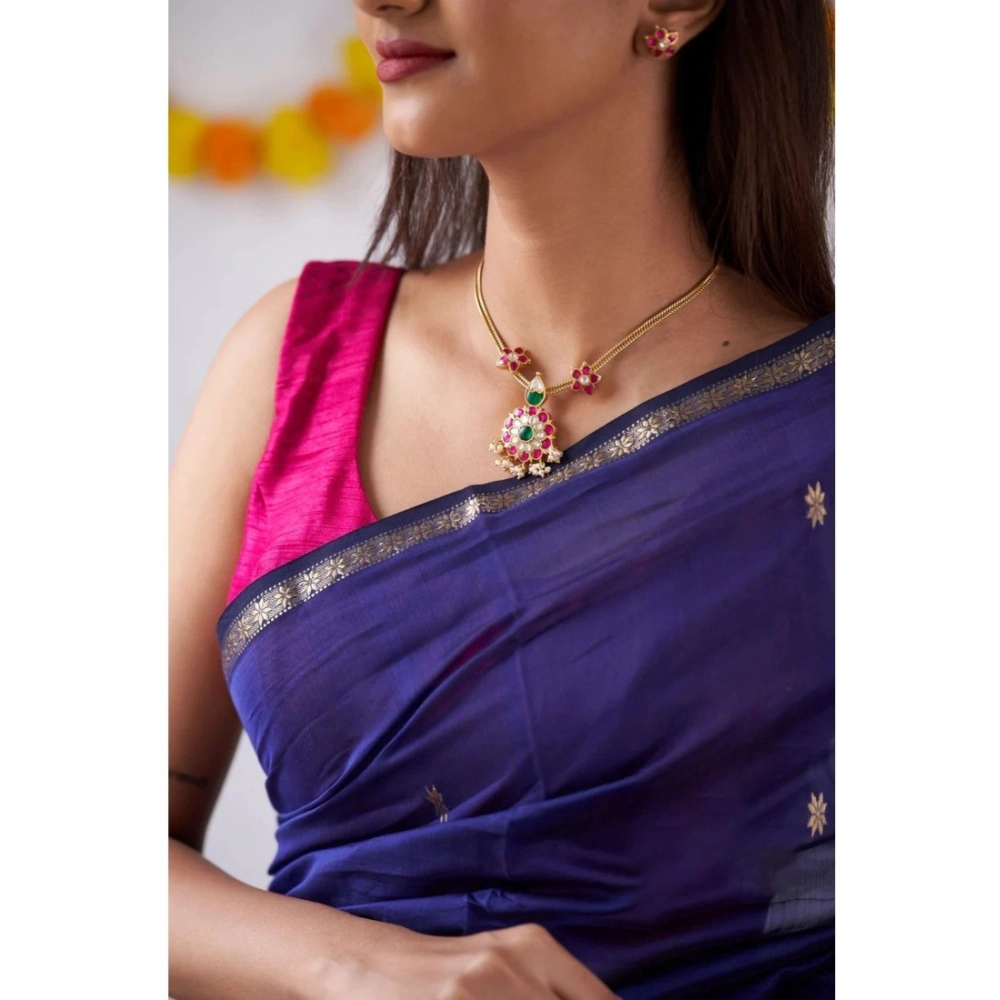 Generic Women's Cotton Printed Saree With Unstitched Blouse 5.5Mtr (Blue) - Image 2