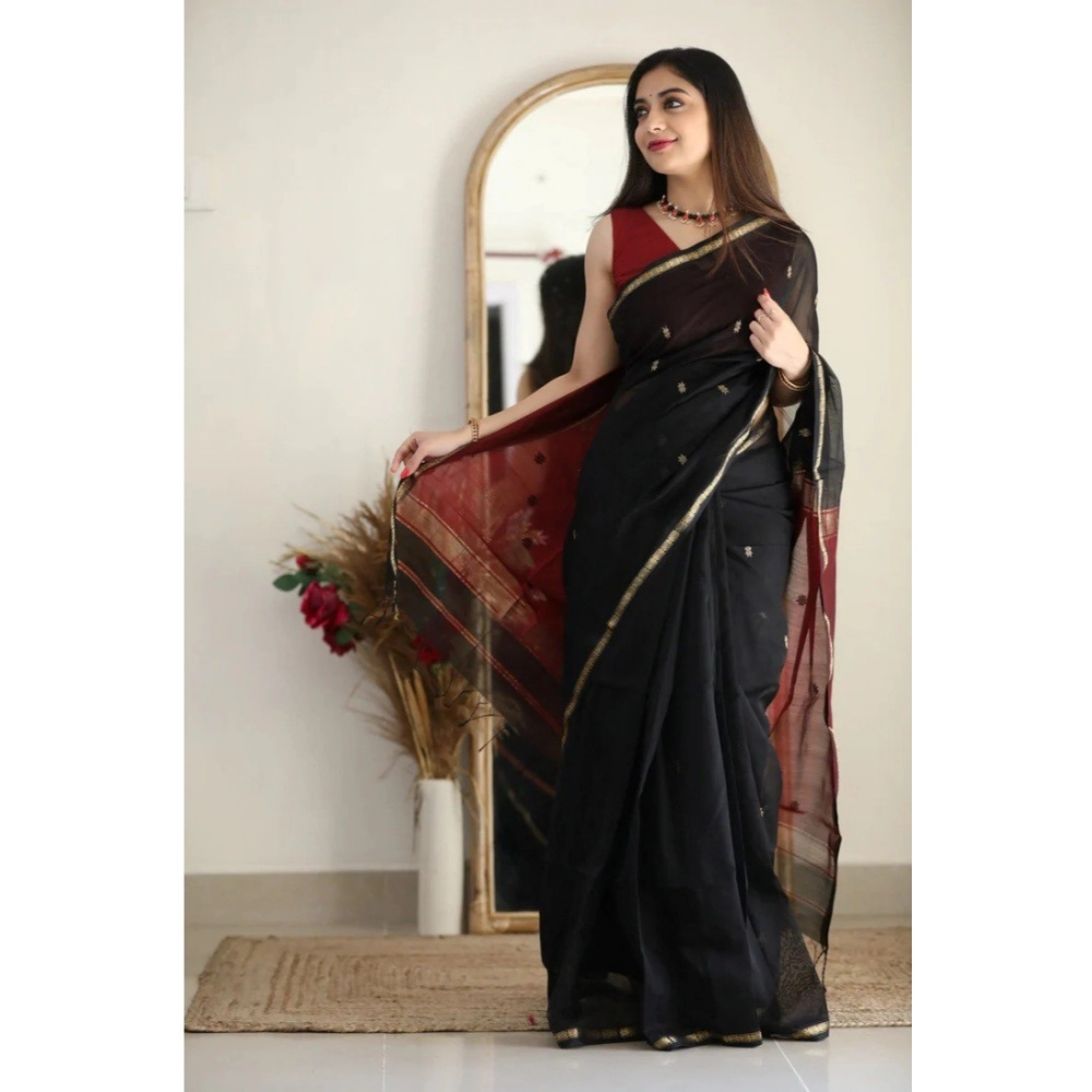 Generic Women's Cotton Printed Saree With Unstitched Blouse 5.5Mtr (Black) - Image 3