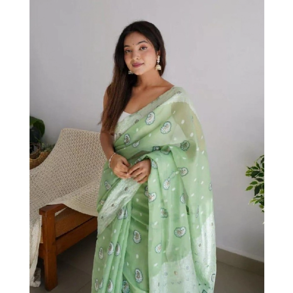 Generic Women's Cotton Printed Saree With Unstitched Blouse 5.5Mtr (Pista) - Image 3