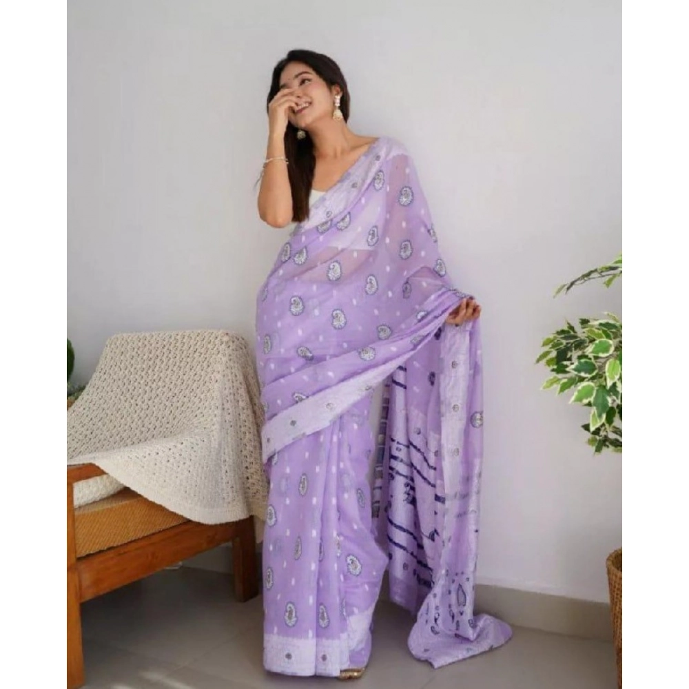 Generic Women's Cotton Printed Saree With Unstitched Blouse 5.5Mtr (Lavender) - Image 2
