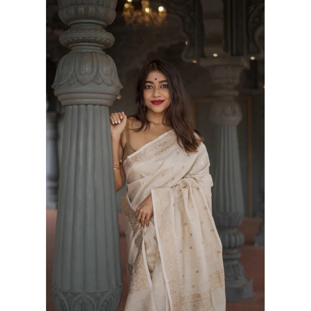 Generic Women's Cotton Printed Saree With Unstitched Blouse 5.5Mtr (Cream) - Image 2