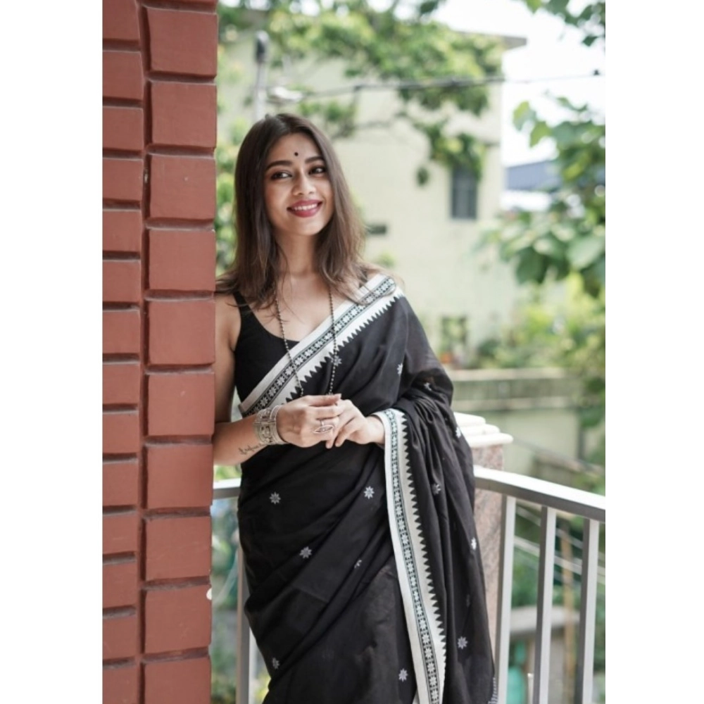 Generic Women's Cotton Printed Saree With Unstitched Blouse 5.5Mtr (Black) - Image 2