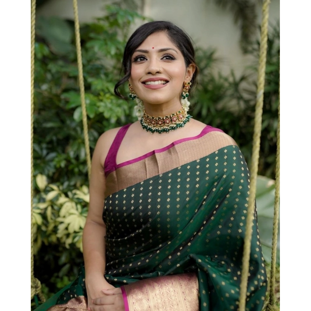 Generic Women's Silk Printed Saree With Unstitched Blouse 5.5Mtr (Green) - Image 3