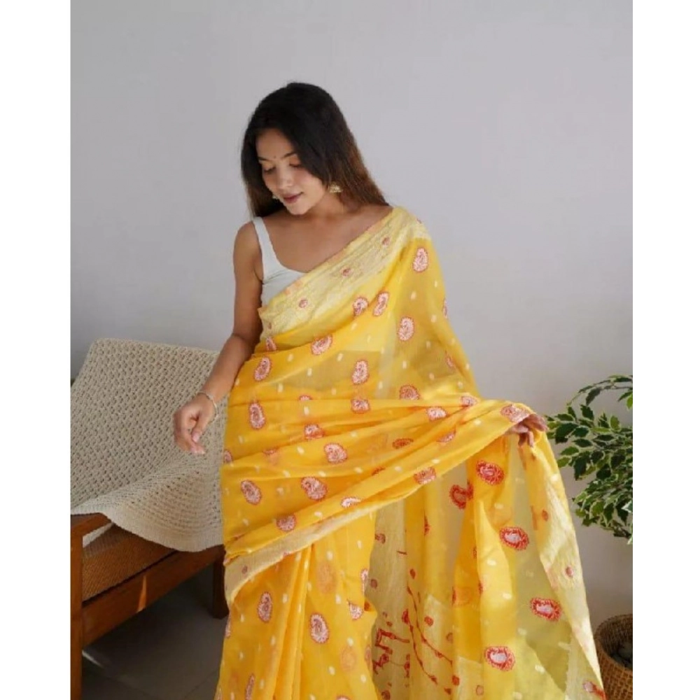 Generic Women's Cotton Printed Saree With Unstitched Blouse 5.5Mtr (Yellow) - Image 3