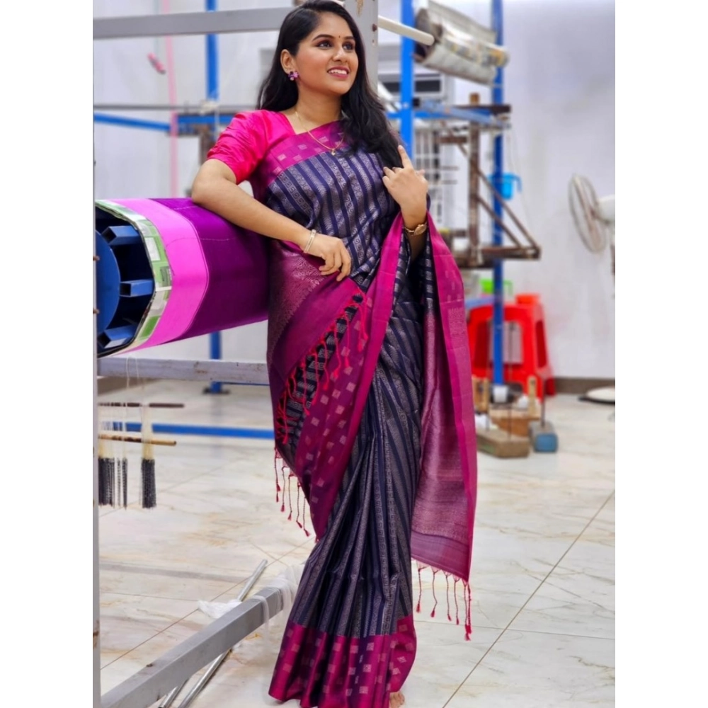 Generic Women's Silk Printed Saree With Unstitched Blouse 5.5Mtr (Navy Blue) - Image 3