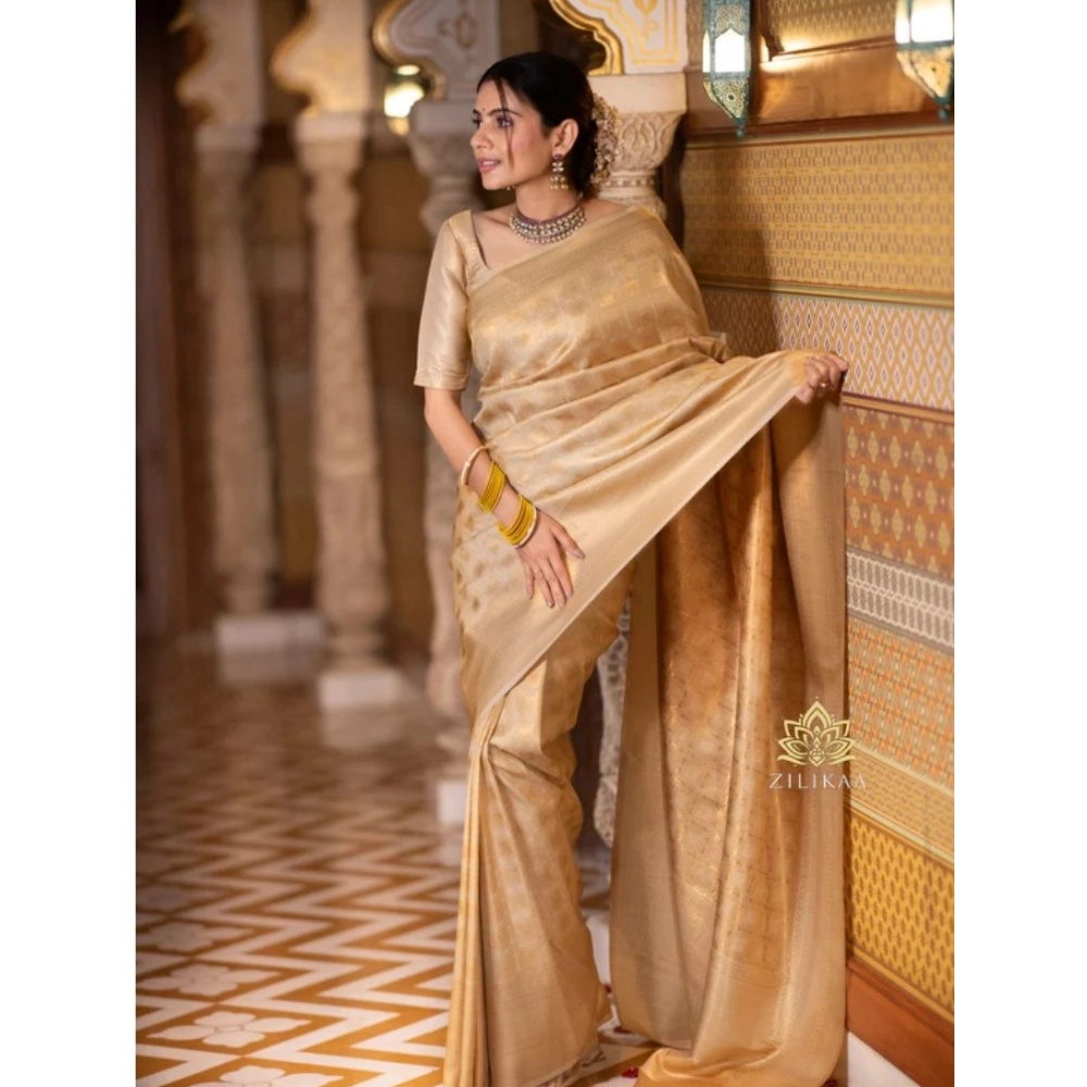 Generic Women's Silk Printed Saree With Unstitched Blouse 5.5Mtr (Cream) - Image 2