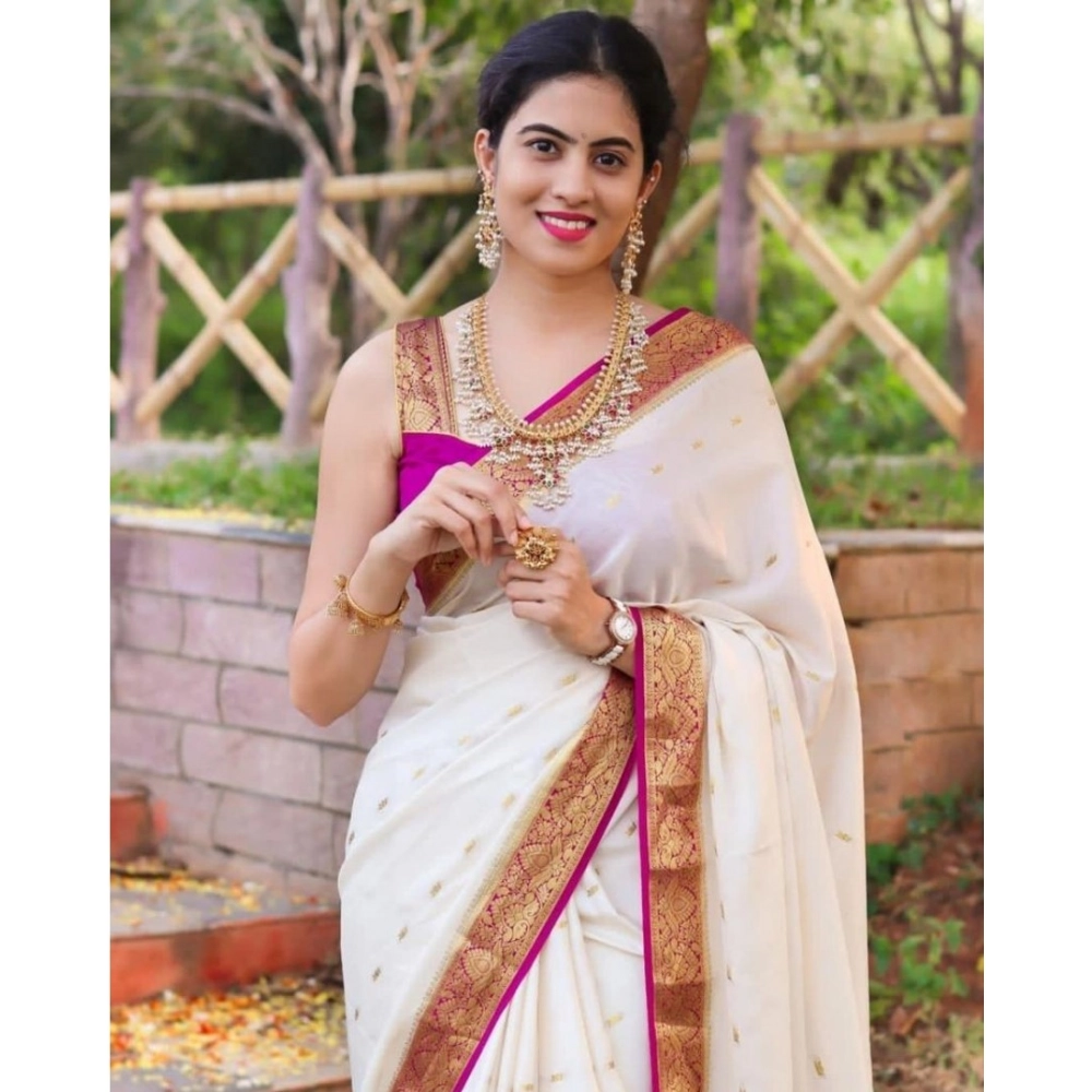 Generic Women's Silk Printed Saree With Unstitched Blouse 5.5Mtr (White) - Image 3