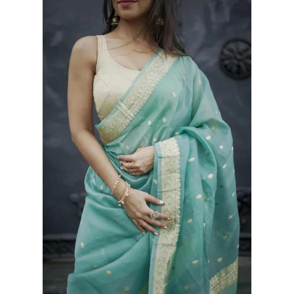Generic Women's Cotton Printed Saree With Unstitched Blouse 5.5Mtr (Sky) - Image 2