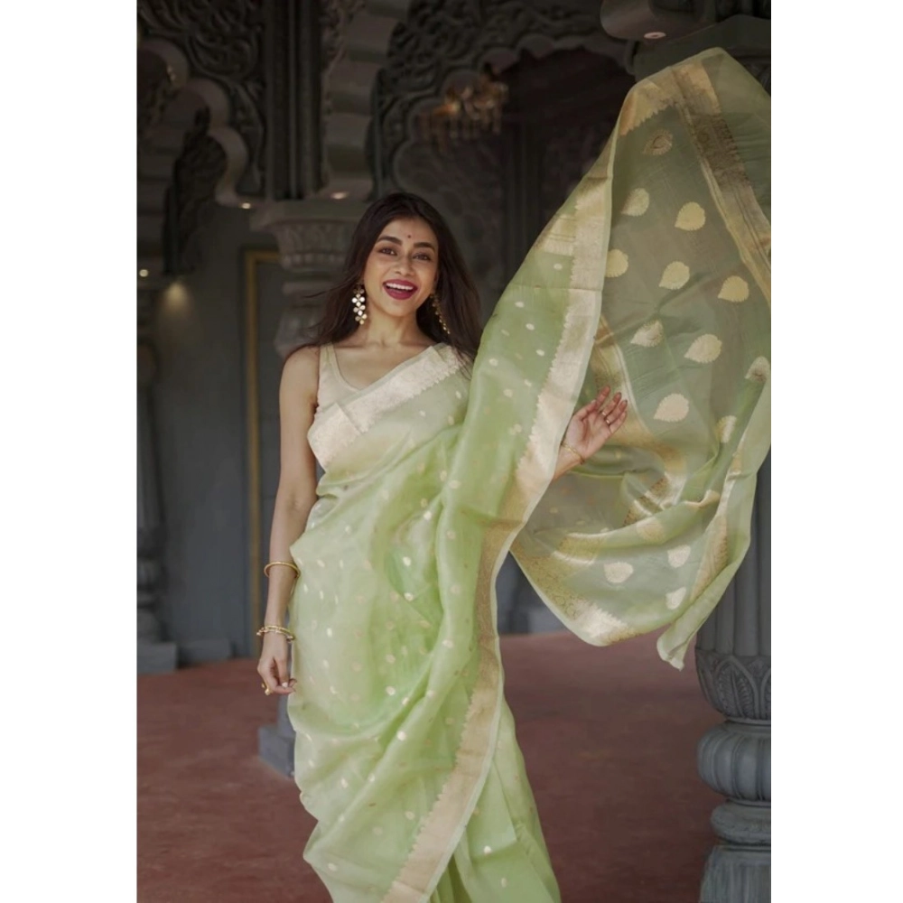 Generic Women's Cotton Printed Saree With Unstitched Blouse 5.5Mtr (Pista) - Image 3