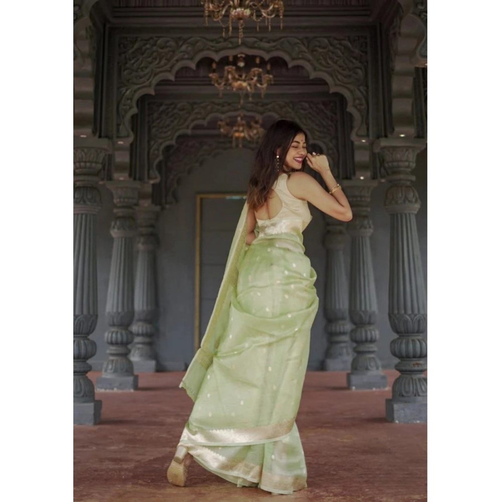 Generic Women's Cotton Printed Saree With Unstitched Blouse 5.5Mtr (Pista) - Image 2