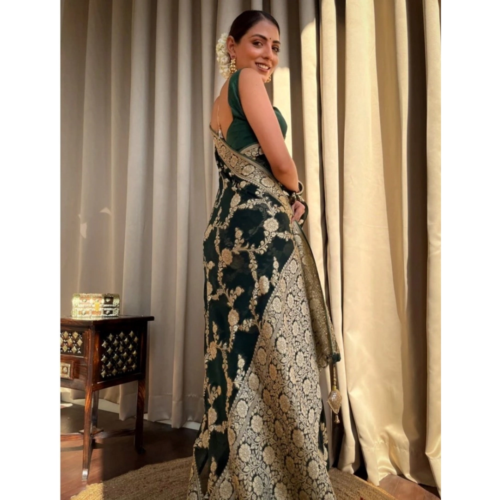 Generic Women's Silk Printed Saree With Unstitched Blouse 5.5Mtr (Dark Green) - Image 2