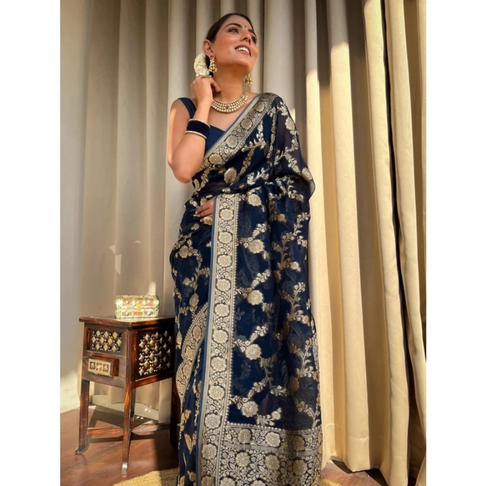 Generic Women's Silk Printed Saree With Unstitched Blouse 5.5Mtr (Dark Blue) - Image 2