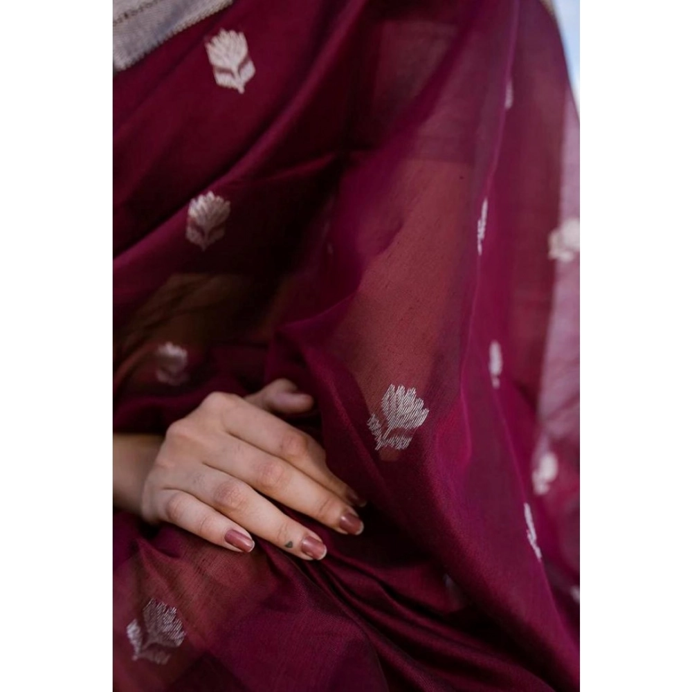 Generic Women's Cotton Printed Saree With Unstitched Blouse 5.5Mtr (Maroon) - Image 3