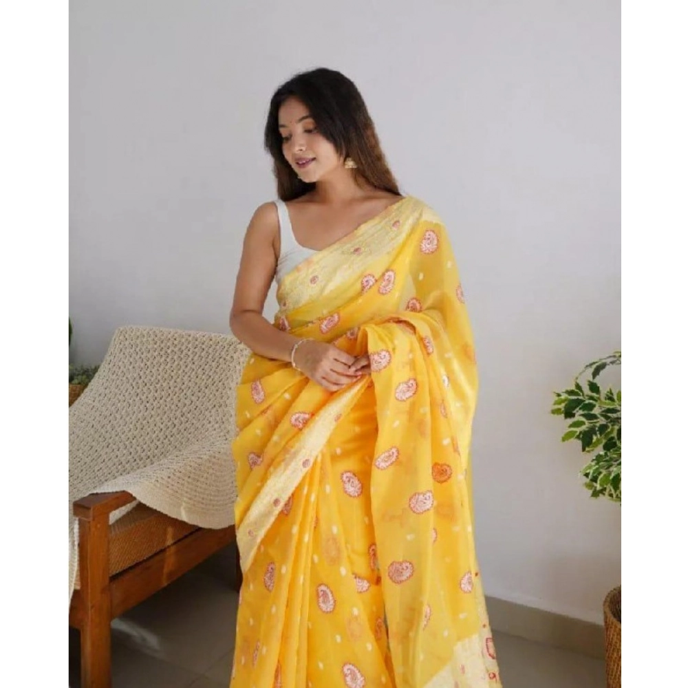 Generic Women's Cotton Printed Saree With Unstitched Blouse 5.5Mtr (Yellow) - Image 2