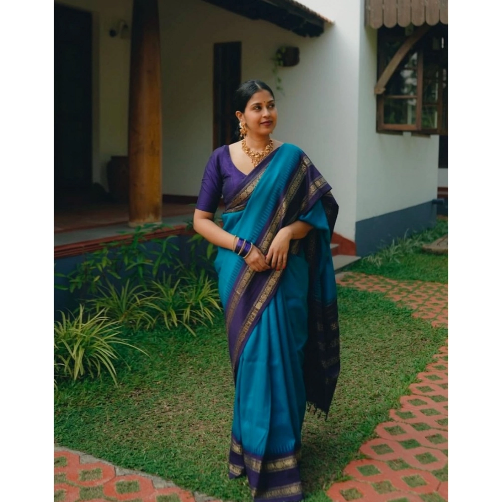 Generic Women's Silk Printed Saree With Unstitched Blouse 5.5Mtr (Blue) - Image 2
