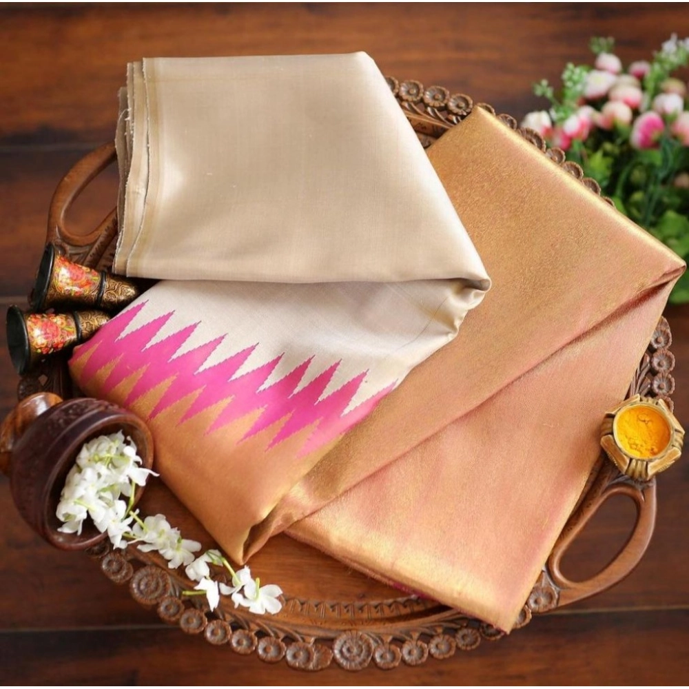 Generic Women's Silk Printed Saree With Unstitched Blouse 5.5Mtr (Cream) - Image 2