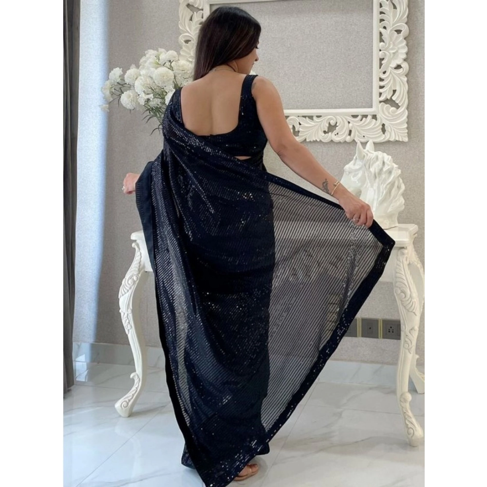 Generic Women's Georgette Embellished Sequnece Bollywood Saree With Unstitched Blouse 5.5Mtr (Black) - Image 2