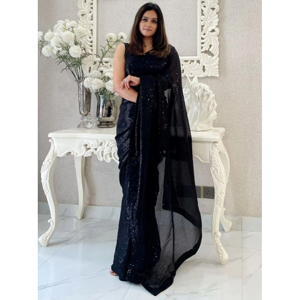 Generic Women's Georgette Embellished Sequnece Bollywood Saree With Unstitched Blouse 5.5Mtr (Black)