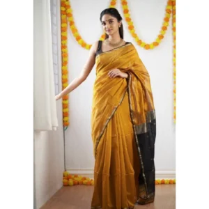 Generic Women's Cotton Printed Saree With Unstitched Blouse 5.5Mtr (Yellow)