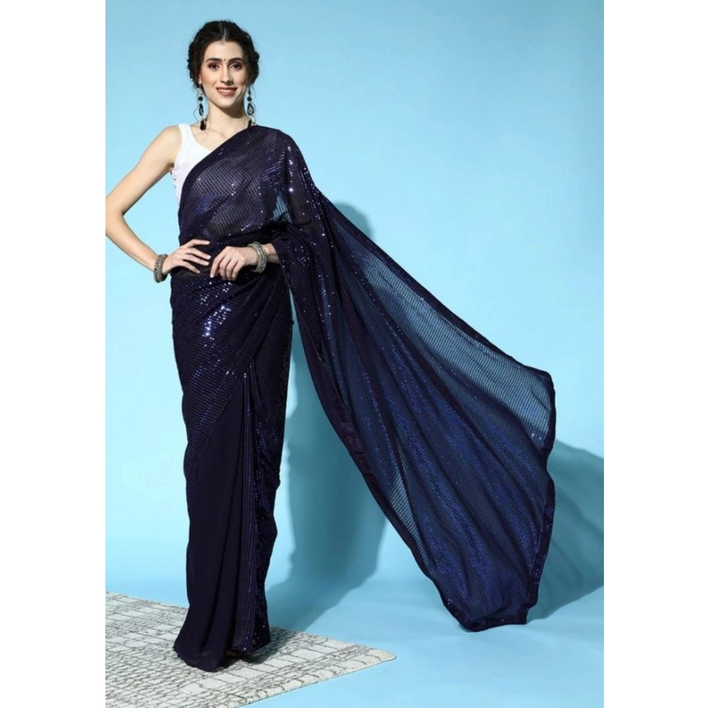 Generic Women's Georgette Embellished Sequnece Bollywood Saree With Unstitched Blouse 5.5Mtr (Blue)