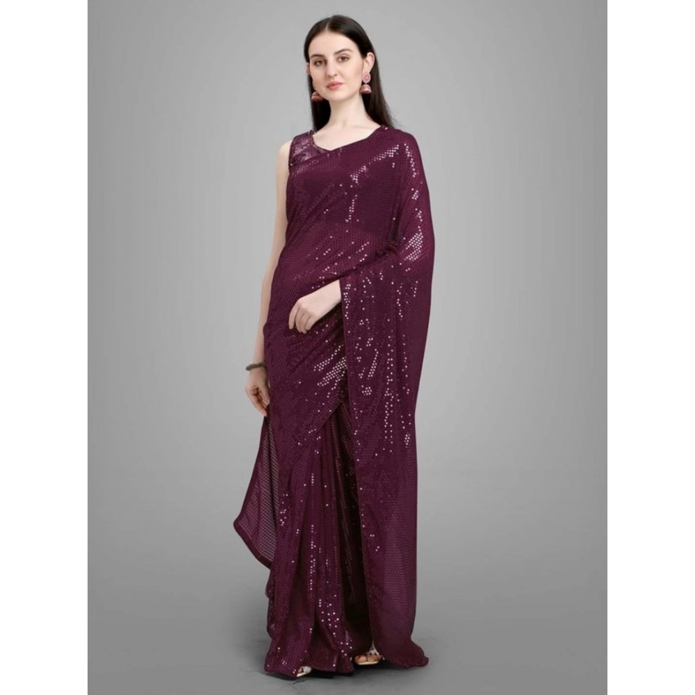Generic Women's Georgette Embellished Sequnece Bollywood Saree With Unstitched Blouse 5.5Mtr (Purple) - Image 2