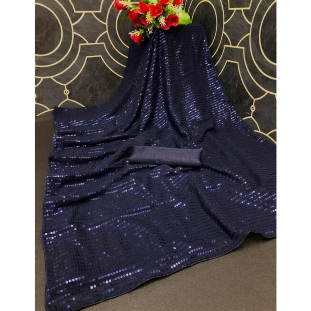Generic Women's Georgette Embellished Sequnece Bollywood Saree With Unstitched Blouse 5.5Mtr (Blue) - Image 2