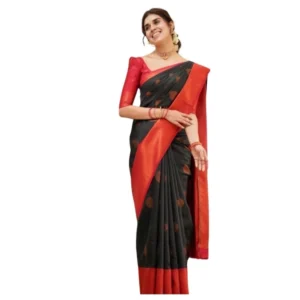 Generic Women's Silk Printed Saree With Unstitched Blouse 5.5Mtr (Black)