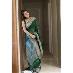 Generic Women's Cotton Printed Saree With Unstitched Blouse 5.5Mtr (Green)