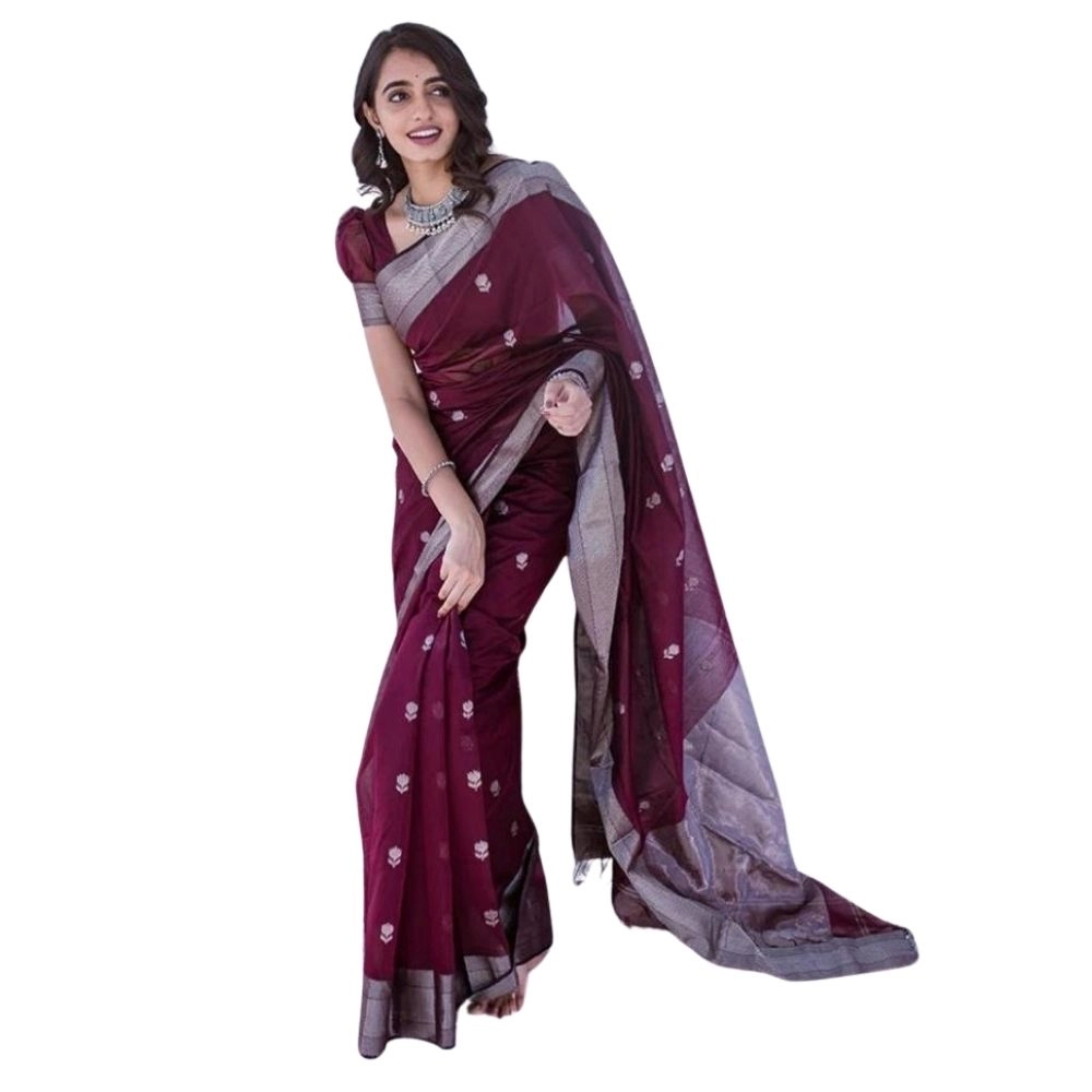 Generic Women's Cotton Printed Saree With Unstitched Blouse 5.5Mtr (Maroon)