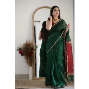 Generic Women's Cotton Printed Saree With Unstitched Blouse 5.5Mtr (Dark Green)