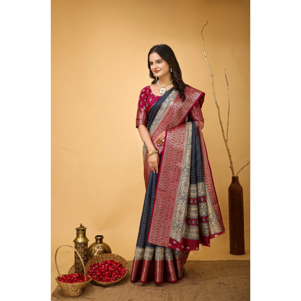 Generic Women's Soft Dola Cotton Kalamkari Printed Saree With Unstitched Blouse 5.5Mtr (Grey) - Image 2
