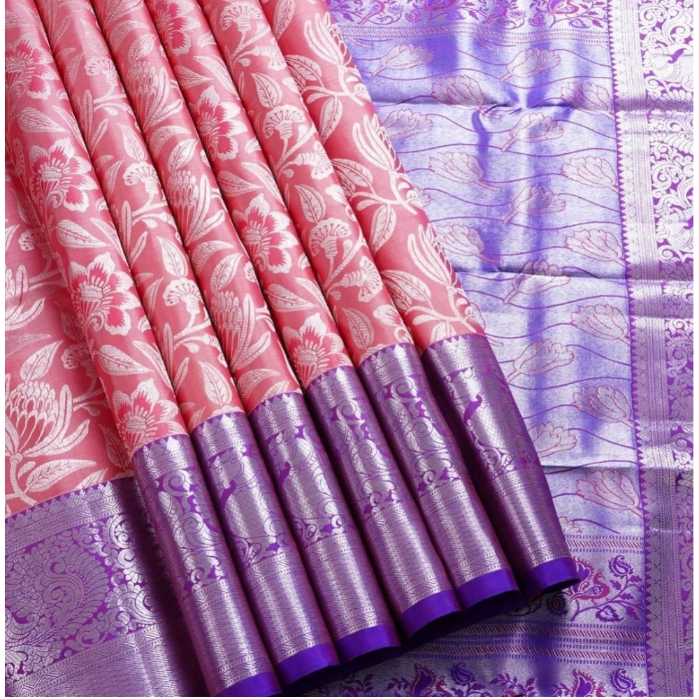 Generic Women's Soft Lichi Silk Printed Saree With Unstitched Blouse 5.5Mtr (Purple) - Image 3
