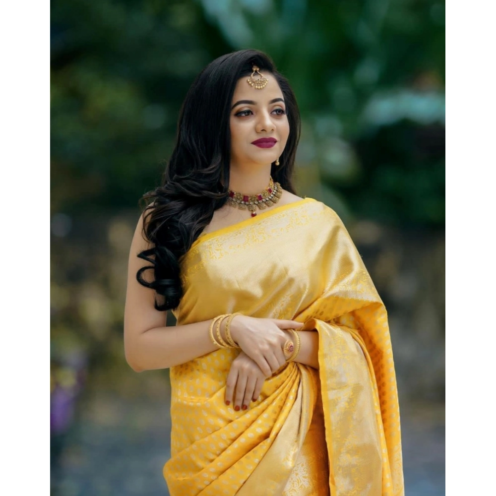 Generic Women's Soft Lichi Silk Printed Saree With Unstitched Blouse 5.5Mtr (Yellow)
