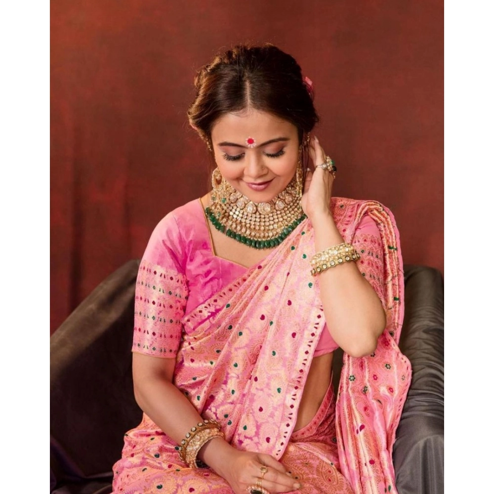 Generic Women's Soft Lichi Silk Printed Saree With Unstitched Blouse 5.5Mtr (Pink)