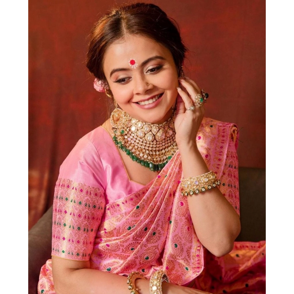 Generic Women's Soft Lichi Silk Printed Saree With Unstitched Blouse 5.5Mtr (Pink) - Image 4