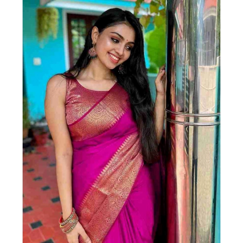Generic Women's Soft Lichi Silk Solid Saree With Unstitched Blouse 5.5Mtr (Pink) - Image 2
