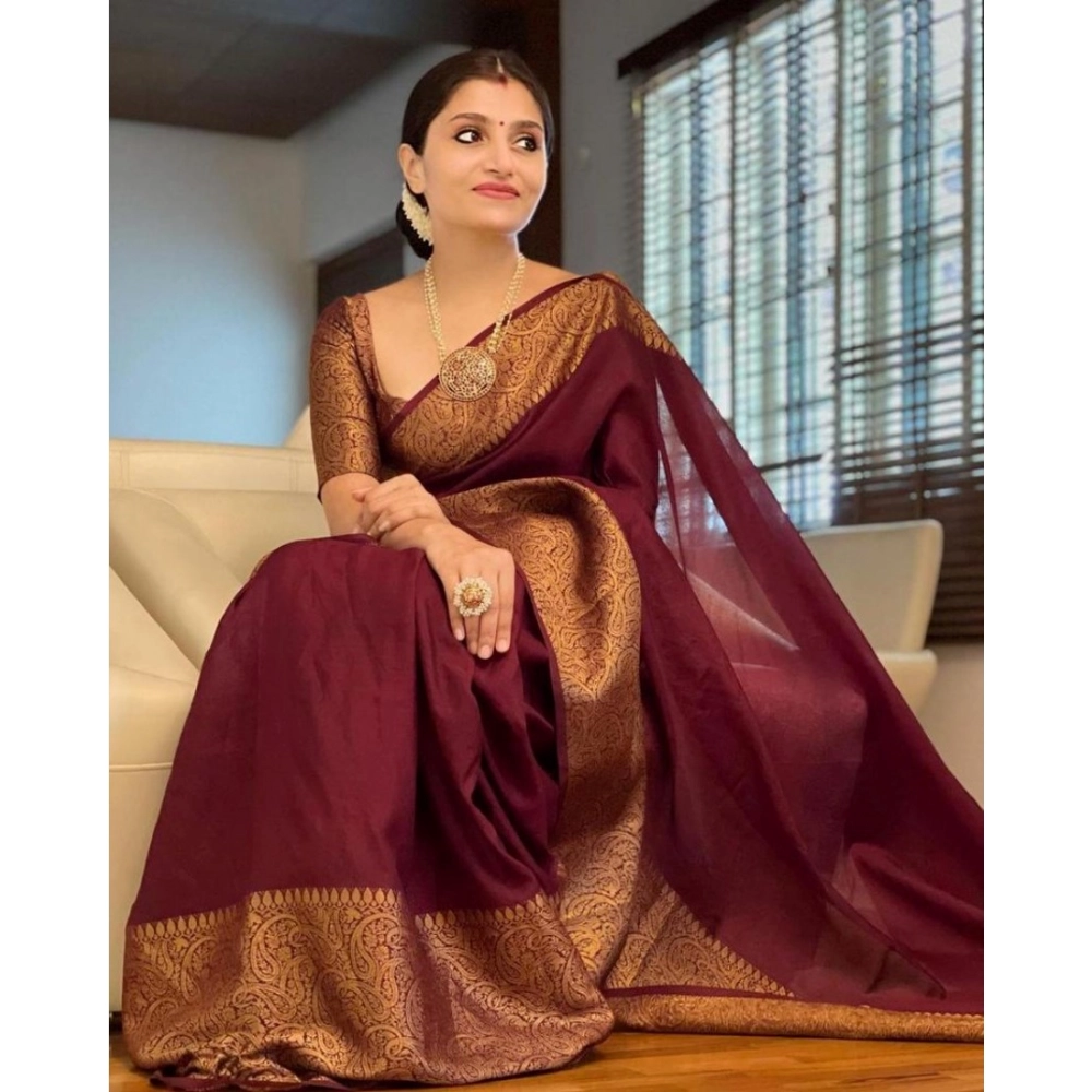 Generic Women's Soft Lichi Silk Solid Saree With Unstitched Blouse 5.5Mtr (Maroon)