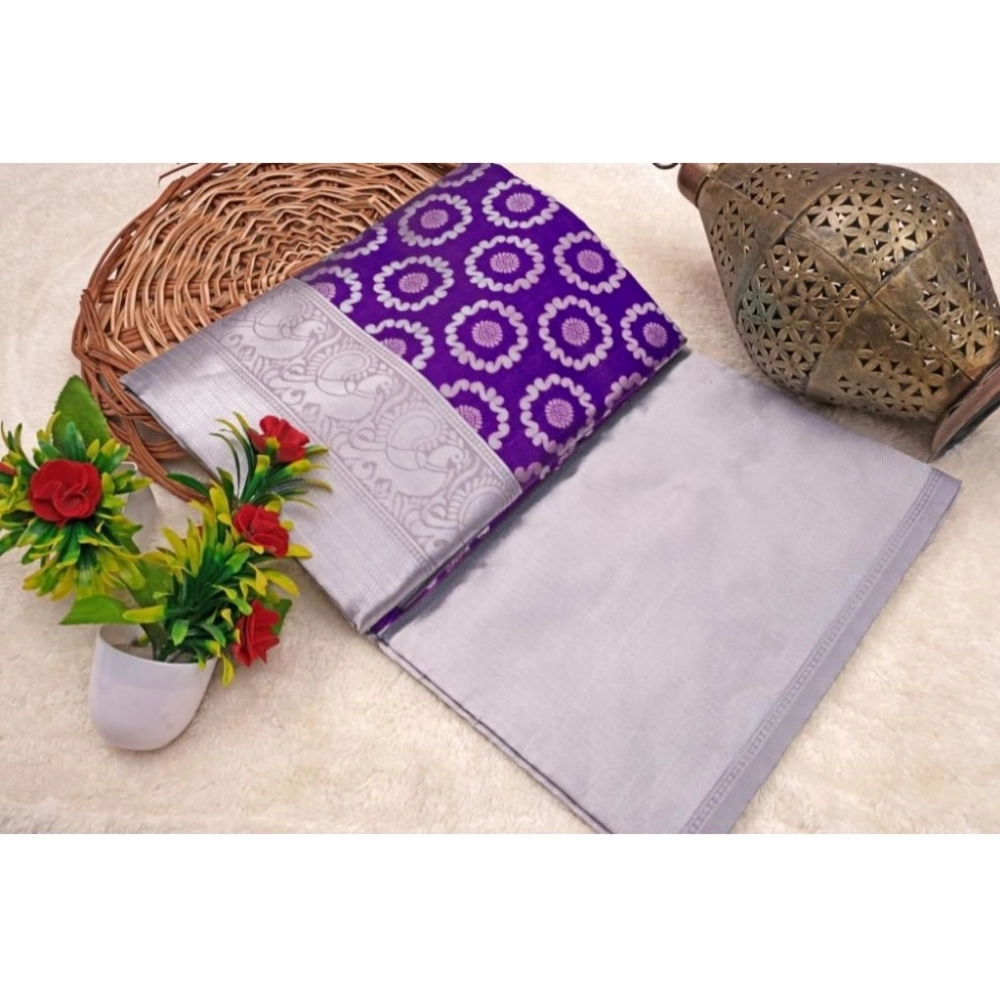 Generic Women's Soft Lichi Silk Printed Saree With Unstitched Blouse 5.5Mtr (Purple)
