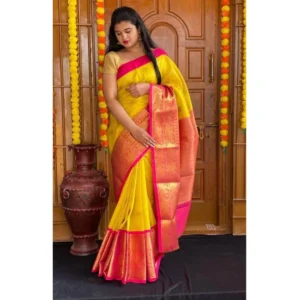 Generic Women's Soft Lichi Silk Printed Saree With Unstitched Blouse 5.5Mtr (Yellow)