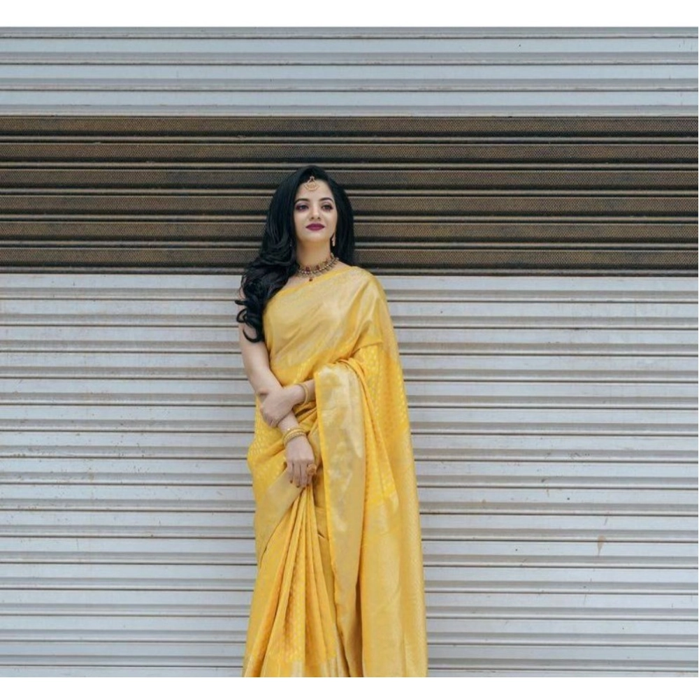 Generic Women's Soft Lichi Silk Printed Saree With Unstitched Blouse 5.5Mtr (Yellow) - Image 4