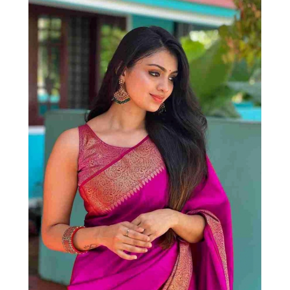 Generic Women's Soft Lichi Silk Solid Saree With Unstitched Blouse 5.5Mtr (Pink) - Image 4
