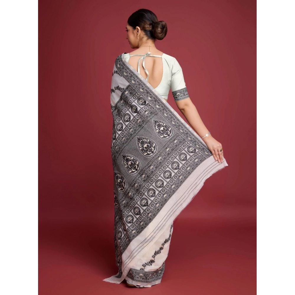 Generic Women's Jamdani Cotton Silk Printed Saree With Unstitched Blouse 5.5Mtr (Black) - Image 2