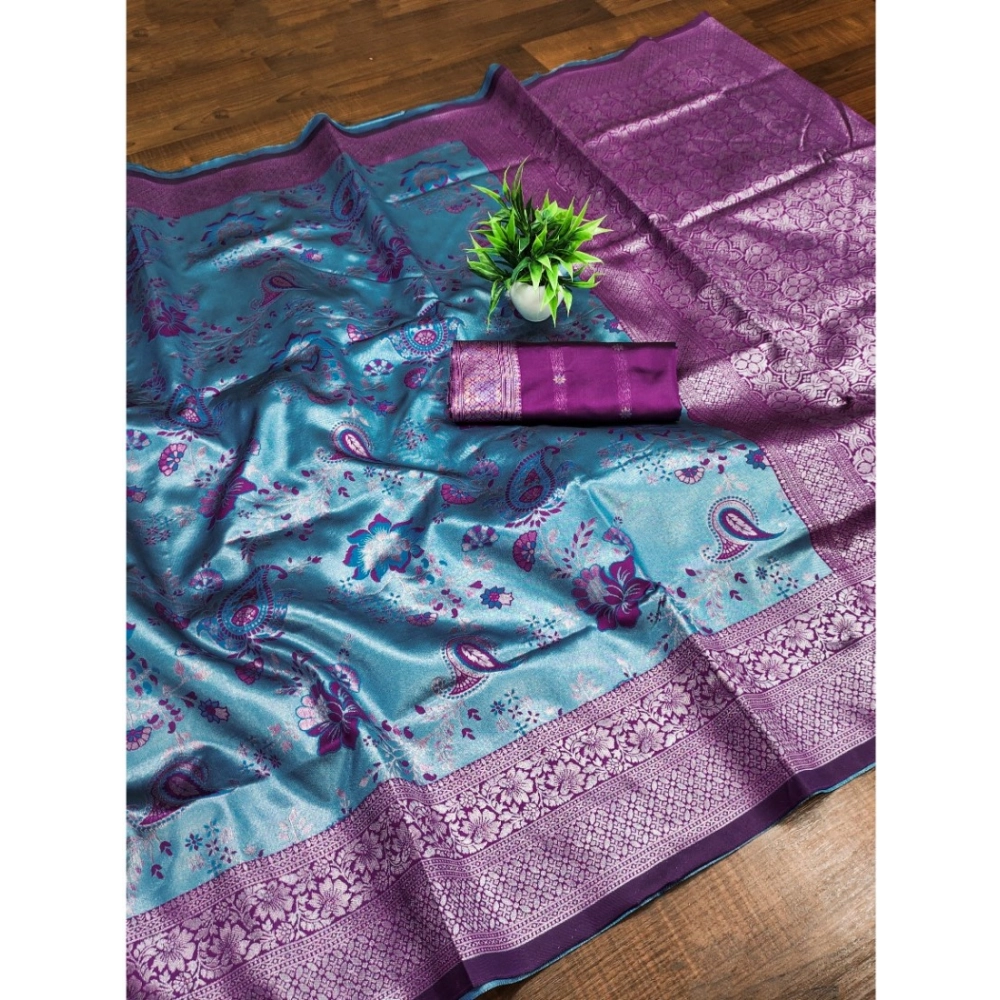 Generic Women's Banarasi Jacquard Printed Saree With Unstitched Blouse 5.5Mtr (Blue)