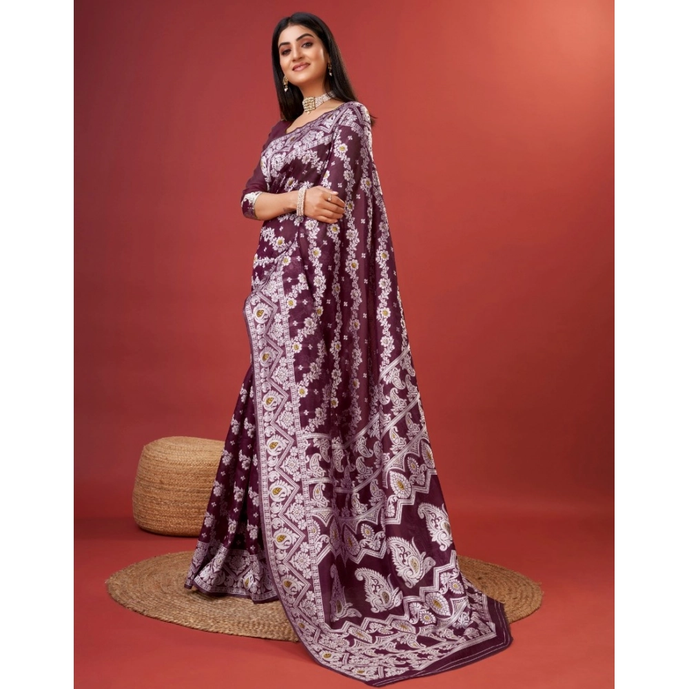 Generic Women's Cotton Silk Printed Saree With Unstitched Blouse 5.5Mtr (Purple) - Image 3