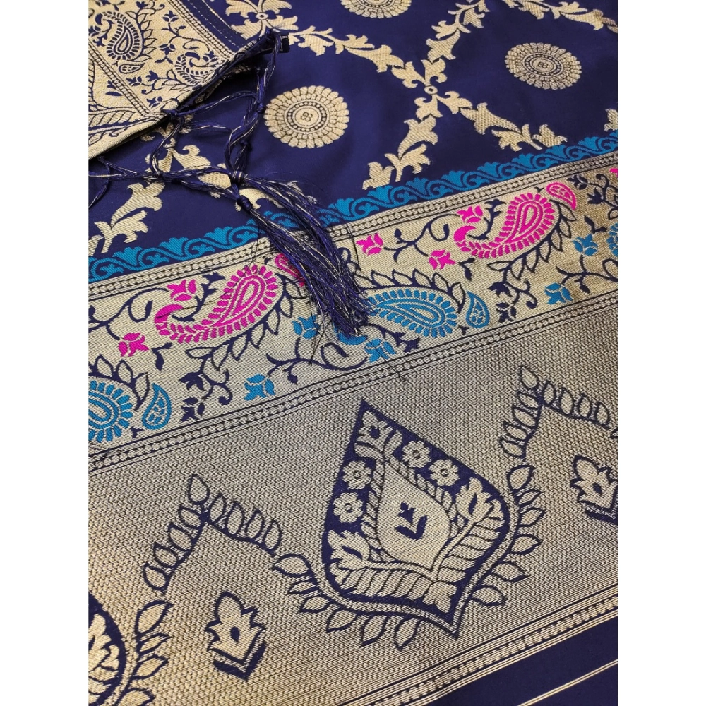 Generic Women's Banarasi Silk Printed Unstitched Salwar Suit Material With Dupatta (Navy Blue, 3Mtrs) - Image 2
