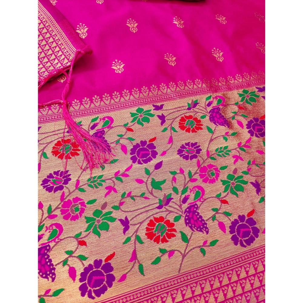 Generic Women's Banarasi Silk Printed Unstitched Salwar Suit Material With Dupatta (Pink, 3Mtrs) - Image 2