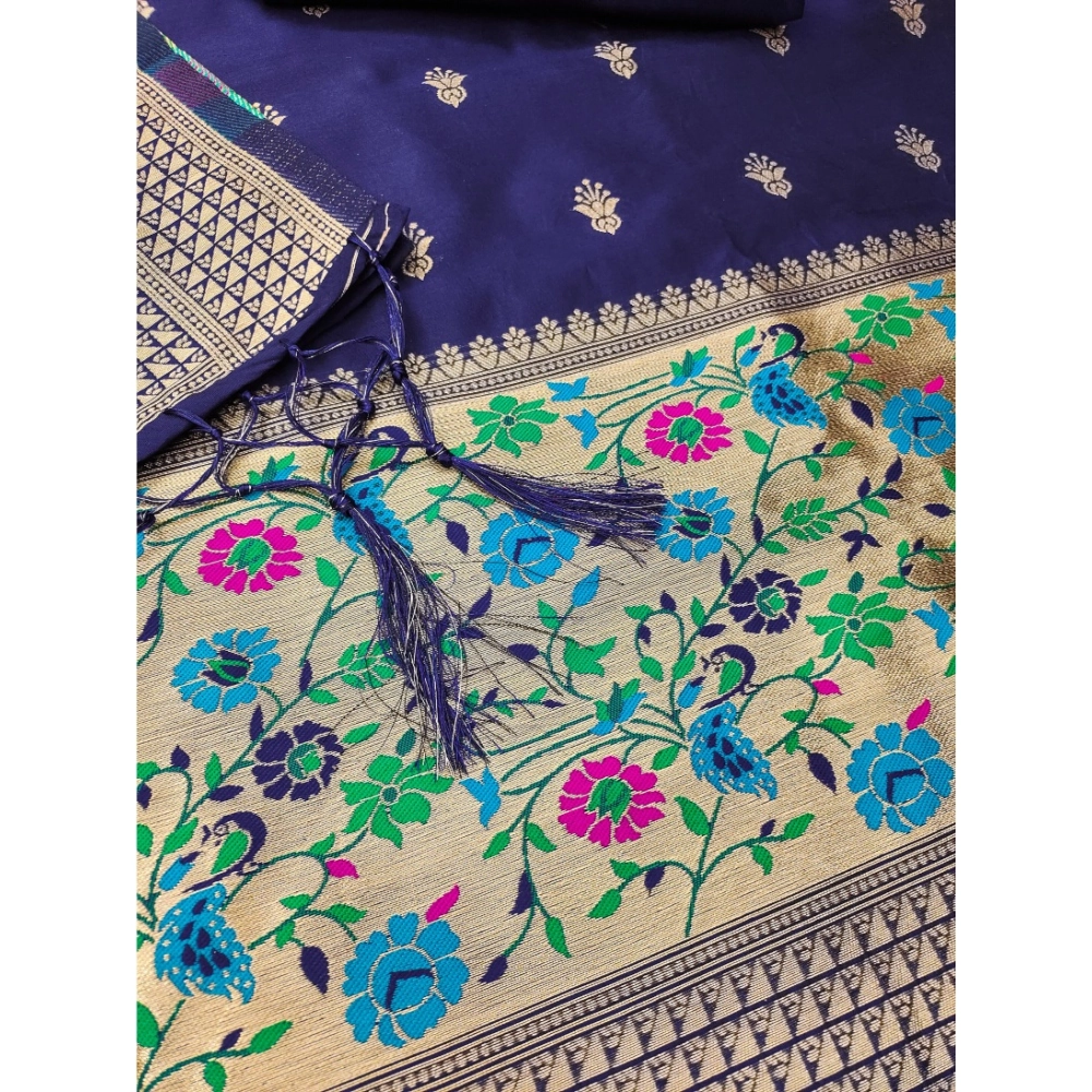 Generic Women's Banarasi Silk Printed Unstitched Salwar Suit Material With Dupatta (Navy Blue, 3Mtrs) - Image 3
