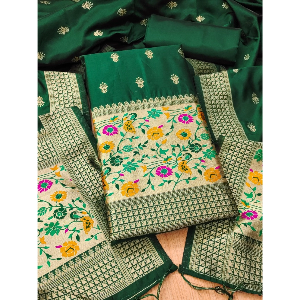Generic Women's Banarasi Silk Printed Unstitched Salwar Suit Material With Dupatta (Bottle Green, 3Mtrs)